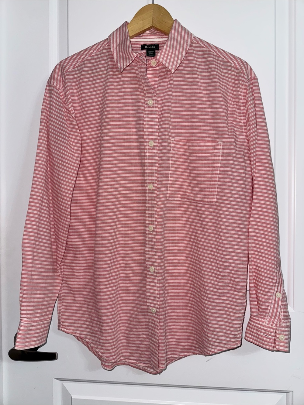 Roots pink and white striped button down shirt, cotton, oversized XS